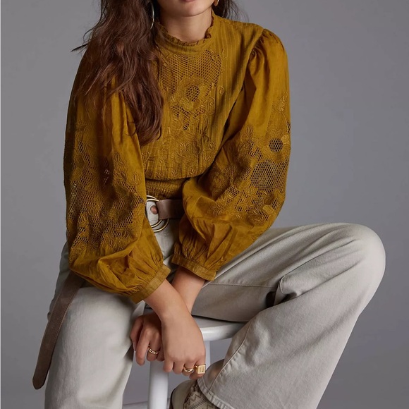 Anthropologie Tops - Anthropologie Olive Lace-Inset Balloon Sleeve Blouse
